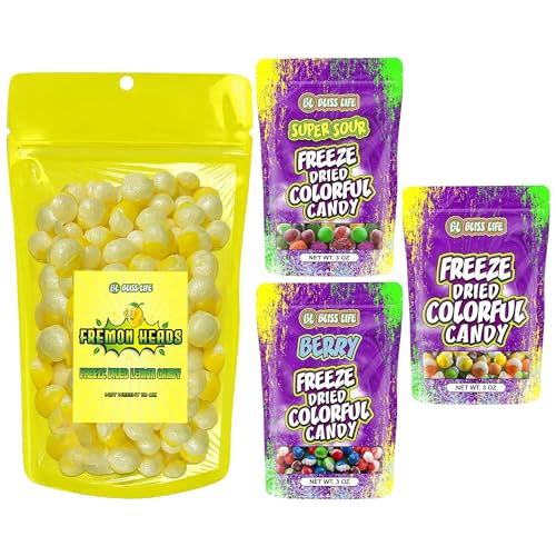 Bliss Life Freeze Dried Candy Bundle – Fremon Heads (10oz) & Colorful Candy Variety Pack of 3 (3oz) – ASMR, TikTok Challenge, Sour & Sweet Fusion, Freeze Dried Sour Candy, Unique Novelty, Trendy Snack
