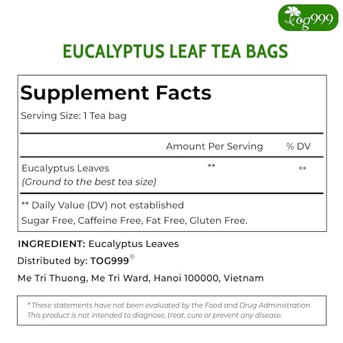 Image of TOG999, Premium 100 Eucalyptus Leaf Tea Bags, 100% Natural & Pure Eucalyptus Leaves. Loose Leaf Eucalyptus Herbal Tea. Eucalyptus Leaf Tea. No Sugar, No Caffeine, No Gluten, Vegan.