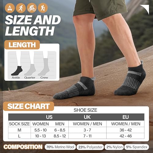 Image of 6 Pairs Merino Wool Ankle Running Hiking Socks Compression Support Breathable Thick Cushion No Show Socks for Women Men
