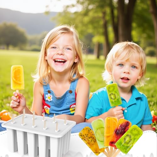 Image of 10-Cav Popsicle Molds, Silicone Ice Pop Mold for DIY Frozen Treats | with 10 Reusable Sticks, 50 Wooden Sticks, 50 Storage Bags, Funnel, Brush, Recipe, Make Healthy Pops, Smoothies, Juice