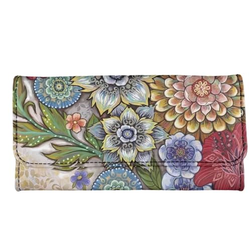 Image of AFPANQZ Bright Boho Flower Wallet Womens Clutch Long Wallets Leather Trifold Long Wallet Card Holder Slots Wallet Leather Long Wallet Ladies Travel Purses with Phone Holder Zip Coin Pocket