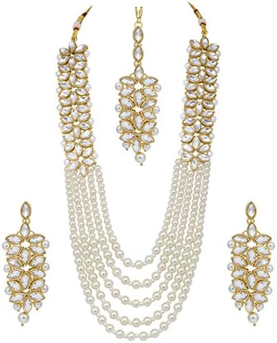Aheli Classy Faux Kundan Beaded Pearl Long Necklace with Maang Tikka Set Indian Ethnic Wedding Bridal Jewelry for Women