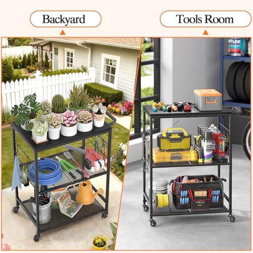 Image of DAOUTIME Grill Cart for Outside, 3-Tier BBQ Food Prep Rolling Table Cart, with 23.62 inch Lx 15.75 inch W Rust-Resistant Tabletop, Outdoor Pizza Oven Table Ideal for Patio Backyard Kitchen Tools Room