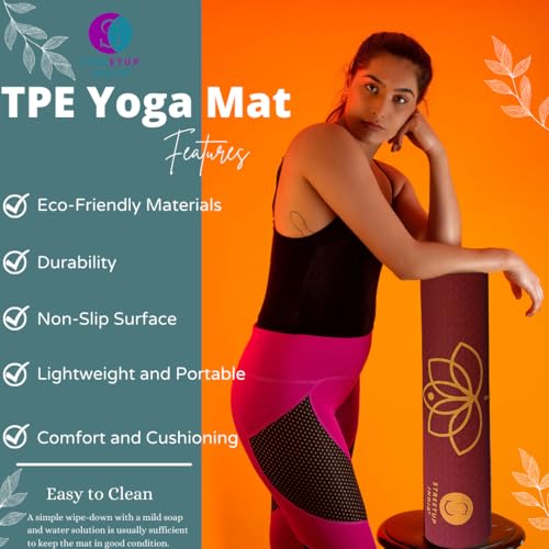 Image of Streetup India TPE Yoga Mat With Body Alignment |6 mm Thickness| for Men and Women| Ideal Exercise Mat For Yoga, Pilates And Workout| Anti Skid (Maroon)