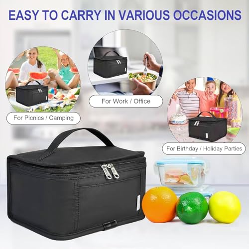 Image of Insulated Lunch Bag for Office, Black Reusable Food Container with Zipper Closure and Carrying Handle (Black)