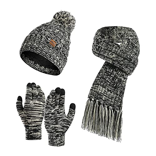 Women Pom Pom Beanie Hat Scarf Touch Screen Gloves Set Colorful Winter Thick Ribbed Knitted 3 Piece Mitten Sets (Black, One Size)