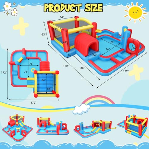 Bounce House Waterslide for Kids 3-12 w/Blower, 14.3 x 14.3FT Inflatable Obstacle Course w/Jump Area, Divided Ball Pit, Slide, Obstacle, Punching Bag, Basketball Hoop & Tunnels for Indoor/Outdoor - Image 3