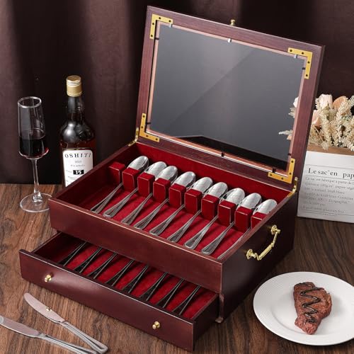 Novabright Wooden Silverware Storage Box, Silverware Chest Case with Glass Lid Flatware Organizer with Handle Felt Lined for Flatware Utensils Home Decor Gift(2 Layer) - Thumbnail 6