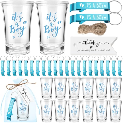 Singhoow 50 Sets Baby Shower Favor for Guests Acrylic Shot Glasses with Bottle Opener Keychains Thank You Tags and Bags Gender Reveal Party Favors for Guest Baby Shower Return Gift(Boy)