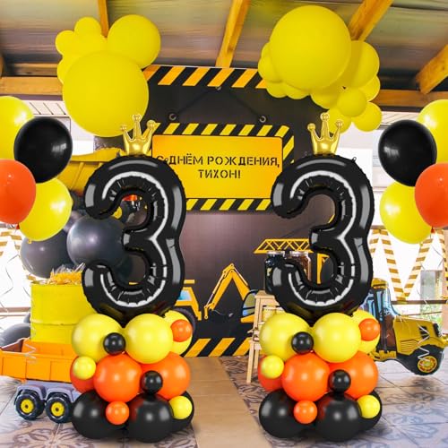 Image of Black Number 3 Balloon 40 Inch Construction Number Three Foil Balloons Tower with Excavator Digger Truck for Boys Third 3rd Birthday Party Decorations Giant Large Digital Aluminum Balloons Stack