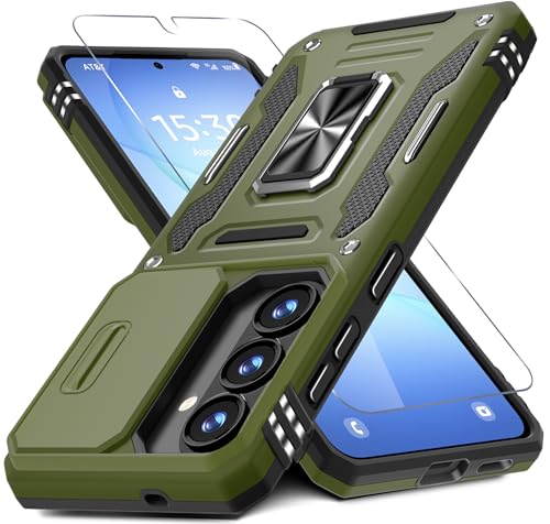 DEERLAMN Case for Samsung Galaxy A37 5G with Slide Camera Cover+Screen Protector (1 Pack), Rotated Ring Kickstand Military Grade Shockproof Protective Cover-Olive Green