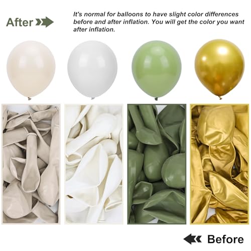 Image of RUBFAC Sage Green White Gold Balloon Garland Arch Kit 129pcs Different Sizes Pack of 18 12 10 5 Inch, Latex Sand White Cream Confetti Gold Balloon Garland Arch Kit for Birthday Engagement Wedding