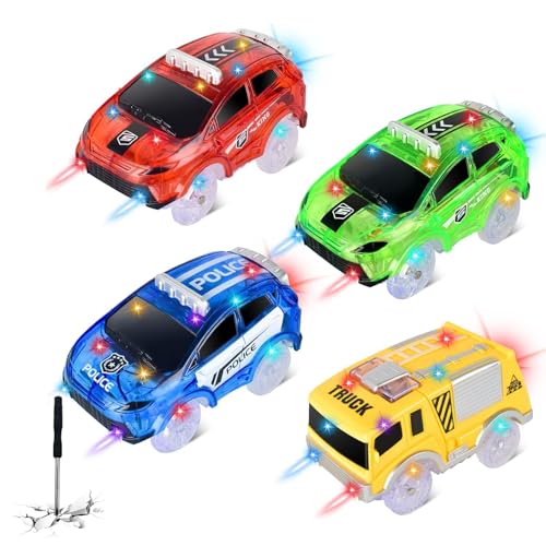 Track Cars Only Replacement Glow in The Dark with 5 Flashing LED Lights, Light Up Tracks Cars, Flex Race Car Compatible with Most Race Tracks for Kids (4pack) with Screwdriver