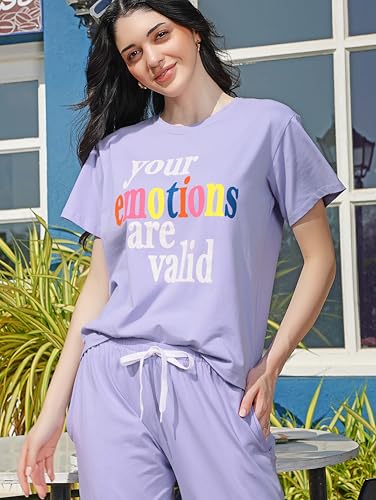 Image of ZEYO Night Suit for Women's Typography Printed Cotton Night Dress of Top and Wide Bottom Pyjama