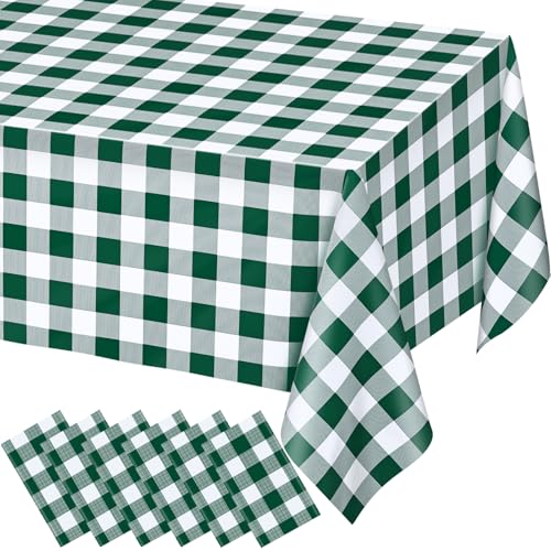Image of WNINK 6 Pack Green and White Checkered Rectangular Plastic Tablecloths, Green Gingham Waterproof Disposable Table Covers 54 inch x 108 inch for Birthday, Wedding, Outdoor Picnic Camping Parties