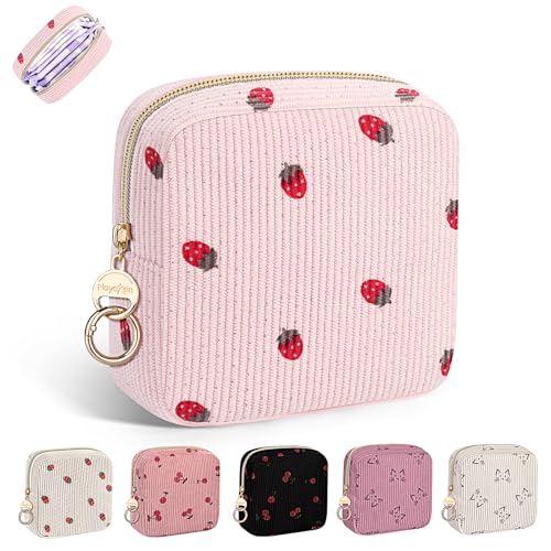 Image of Period Bag for Teen Girls, Corduroy Sanitary Napkin Pouch, S-Pink | Strawberry Menstrual Pad Pouches Tampon Holder for Purse, Cute Period Pouches for Sanitary Napkin, Menstrual Cup, Pad, Tampo