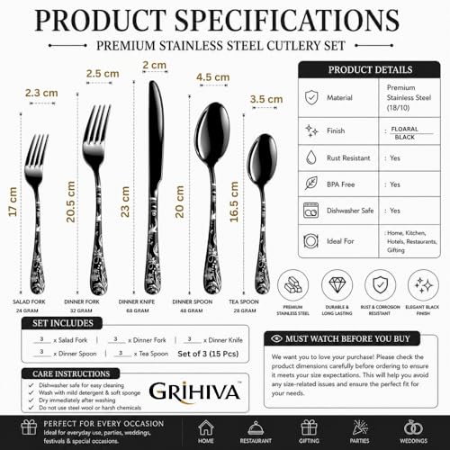 Image of 15 Pcs Black Floaral Stainless Steel Cutlery Set for Dining Table with Spoons and Forks Set + Butterknives - The Perfect Tableware /Flatware