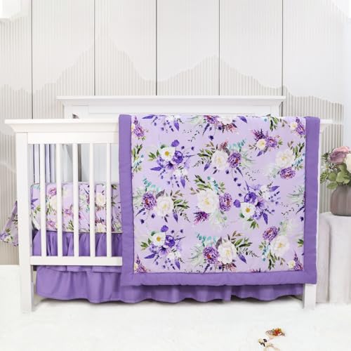 Image of CARUILI Crib Bedding Set for Girls, Purple Baby Crib Bedding Set 4 Piece, Baby Girl Nursery Bedding Set Including Comforter, Fitted Crib Sheet, Crib Skirt, Diaper Stacker, Floral