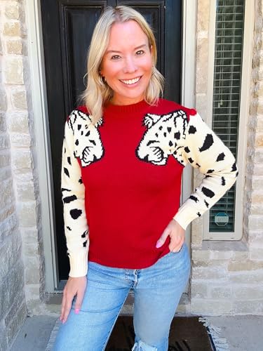 Image of Angashion Women's Sweaters Casual Floral Printed Patchwork Long Sleeves Knitted Pullover Cropped Sweater Tops