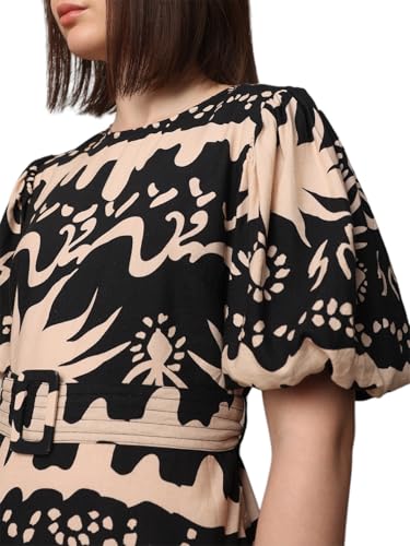 Image of ONLY Floral Print Round Neckline A-Line Dress | Detachable Waist Belt | Balloon Sleeves | Flared Skirt
