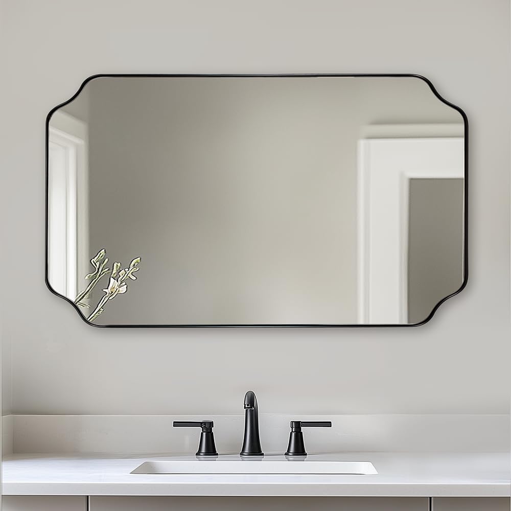 ANDY STAR Matte Black Mirror 24x40 Inch, Scalloped Mirror for Bathroom, Unique Rectangular Bathroom Mirror in Premium Stainless Steel Metal Frame 1’’