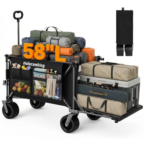Holacamking 58L Extender Collapsible Wagon Extra Long Foldable Wagon Cart with Extended Tailgate Heavy Duty Rolling Utility Cart with All-Terrain Big Wheels for Shopping Sports Beach Black