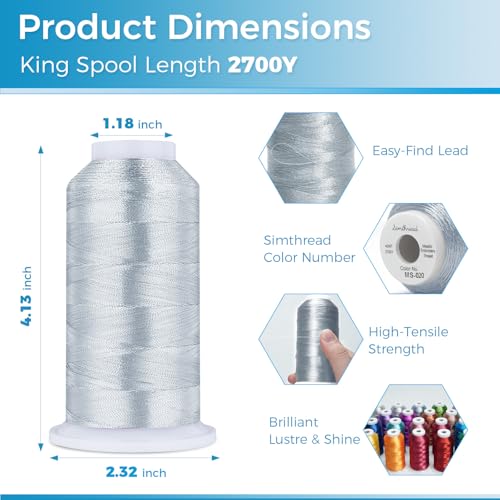 Image of Simthread 2700 Yards Metallic Embroidery Machine Thread - Silver MS-020, 40wt High-Sheen King Spool, Smooth Running & Break Resistant for Commercial & Home Embroidery Machines