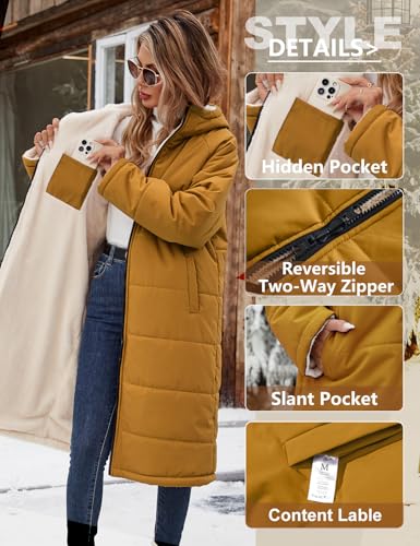 Vancavoo Wintermantel Damen Lang Winterjacke Warm Gefüttert Winterparka Winter Jacke Mantel Parka Steppmantel Daunenmantel mit Kapuze,Orange-Gelb,XL