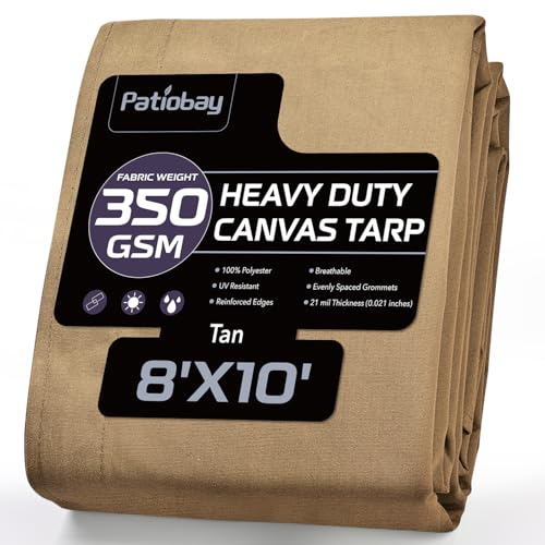 Patiobay Canvas Tarp 8x10 Feet 12 Oz Heavy Duty Water Resistant with Rustproof Grommets UV Resistant Multipurpose Outdoor Tarpaulin for Camping Canopy Woodpile Trailer (Tan)