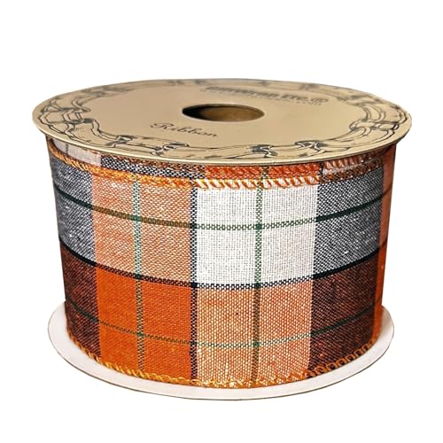 Image of Fall Plaid Wired Edge Ribbon - 2 1 /2 inch x 10 Yards, Orange, Beige, Black, Autumn Decor, Halloween, Thanksgiving, Christmas Wreath, Farmhouse Decoration, Garland, Gifts, Wreath, Bows
