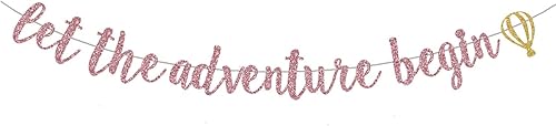 Cartel de "Let The Adventure Begin", decoración de letrero con purpurina de oro rosa para jubilación, baby shower, mudanza, graduación, viajes,