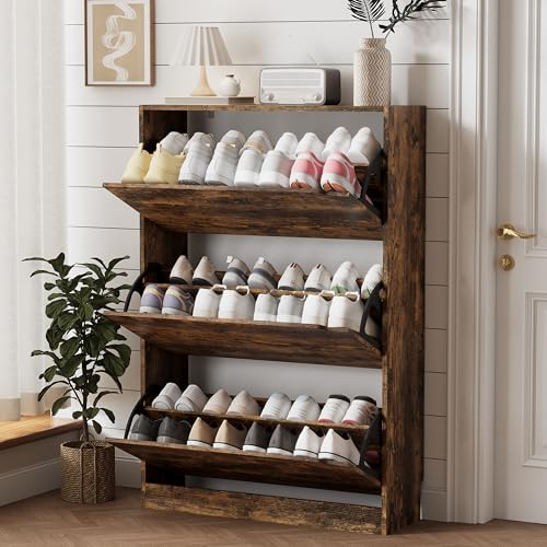 Image of Xixini Shoe Storage Cabinet for Entryway with 3 Flip Drawers, Sturdy Wood Hidden Shoe Storage, Freestanding Narrow Slim Shoe Organizer for Front Door Entrance, Living Room, Hallway, Bedroom, Brown