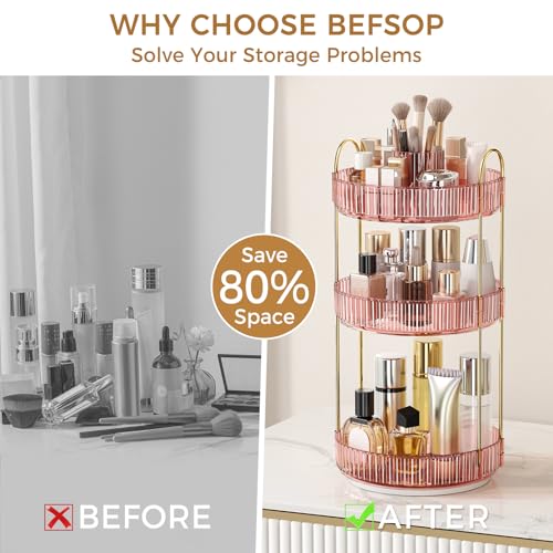 Image of 360 Rotating Makeup Organizer, Upgraded 3 Tier Skincare Perfume Organizers for Women, Bathroom Organizer Countertop, Clear Cosmetic Dresser Organizer with Makeup Brush Holder Counter(Clear Pink)