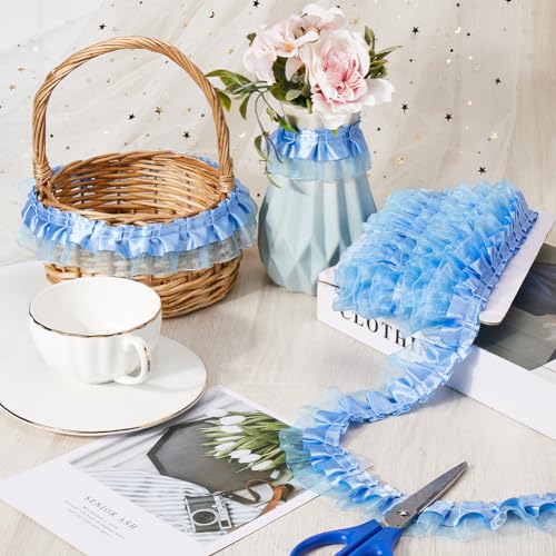 GORGECRAFT 11 Yards 2-Layer Satin Organza Lace Edge Trim Pleated Ruffle Chiffon Ribbon Gathered Edging Trimmings Fabric for Cloth Dress Sewing Embroidered Applique Wedding Party Decor Blue - Image 4