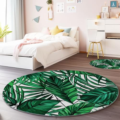 Tappeto Rotondo in Flanella 150 cm, Foglie Tropicali Geometrico Linee Tema Antiscivolo Lavabile in Lavatrice Tappeti Rotondi - Verde Scuro Pelo Corto Tappeto Rotondo per Soggiorno Ufficio