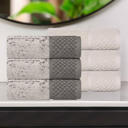 Superior Cotton Hand Towel Set, Quick Dry, Small Towels, Plush Soft Absorbent Bathroom Basics, Home Essentials, Spa, Salon, Hotel, Kitchen, Luxury Plush, Set of 6, Lodie Collection, Ivory-Charcoal