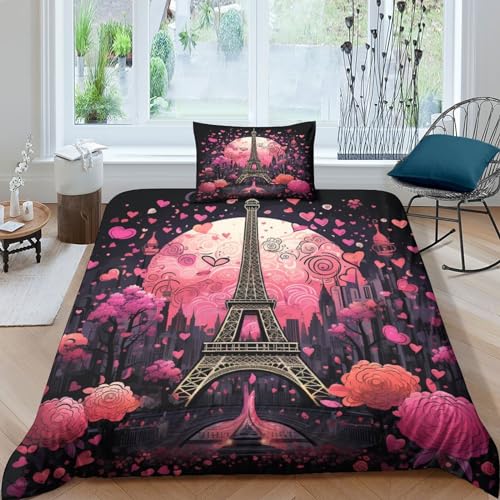 Parure de lit Tour Eiffel rose 3D en microfibre avec zip