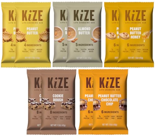 KiZE Energy Bar, Best Sellers Variety Pack, 4-8 Clean & Simple Real Food Ingredients, 7-10g Protein, Gluten Free, Non-GMO, Soy Free, Mission Based, High Protein Snacks (10 Count) KiZE Energy Bar, Best Sellers Variety Pack, 4-8 Clean & Simple Real Food Ingredients, 7-10g Protein, Gluten Free, Non-GMO, Soy Free, Mission Based, High Protein Snacks (10 Count)