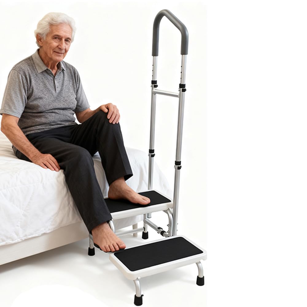 2-stufiger Hocker mit 5-fach höhenverstellbarem Handlauf für ältere Erwachsene – Aluminiumrahmen Tritthocker mit weichen Schaumstoffgriffen, rutschfeste Doppelstufen – Bett, Badewanne, Küche