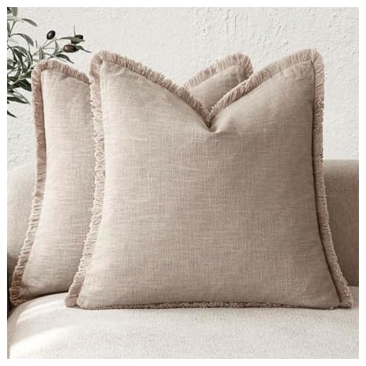 Foindtower Set of 2 Decorative Linen Fringe Throw Pillow Covers Farmhouse Cushion Cover with Tassels Soft Accent Pillowcase for Couch Chair Sofa Bed Living Room Home Decor,24×24 Inch,Natural Linen