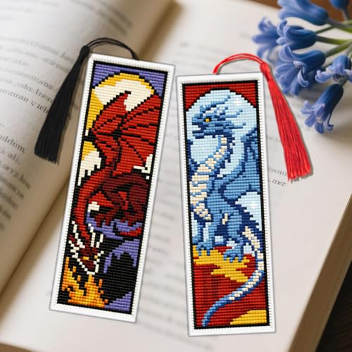 Image of ACRNIGHEET 6PCS Cross Stitch Bookmark Kit for Beginner Dragon Stamped Cross Stitch Kits Needlepoint Kit for Adults DIY Tassel Embroidery Bookmark Kits with Instructions Craft Gift 8.5''x3'' 11CT