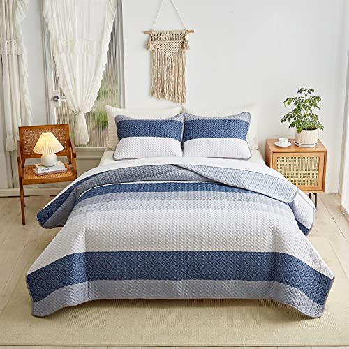 Striped Cotton Quilt Set Queen Size With Navy White Blue-Gray Stripes Soft Cotton Reversible 3Pc Quilt Bedding Set, Coverlet, Bedspread With 2 Pillow Shams #TOP7