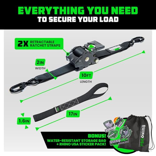 rhino usa retractable ratchet straps 2-pack - 2 inch x 10 feet 3033lb break strength - heavy duty auto self retracting tie down straps for truck cargo trailer motorcycle rad amp more - black