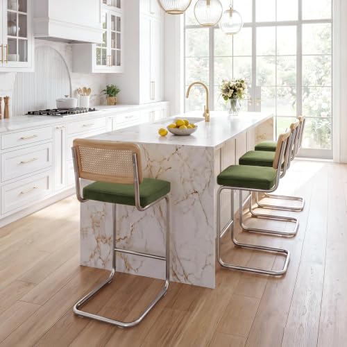 Image of Zesthouse Natural Rattan Bar Stools Set of 2, Modern Boho Bar Height Stools | 30 inch Mid Century Modern Barstools with Solid Wood Back & Cane Mesh, Vintage Velvet Fabric Barstools with Chrome Base, Green