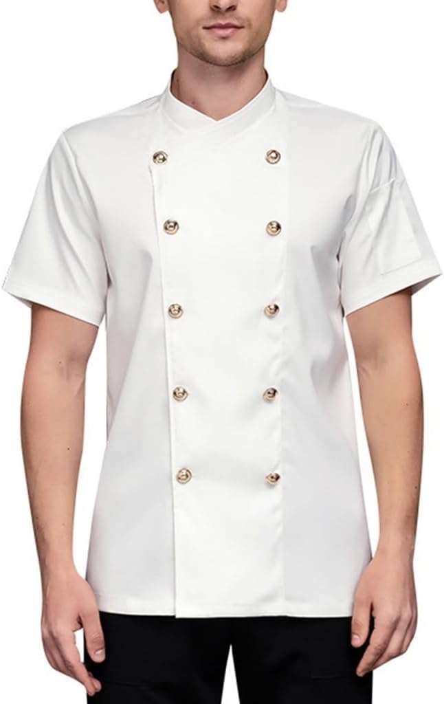 Unisex Classic Chef Coat Double-Breasted Chef Jacket Short Sleeve Kitchen Cooking Chef Uniform for Women Men