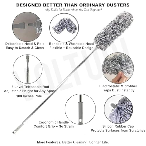 Image of Fan Cleaning Duster with Extendable Long Handle | Microfiber Ceiling Cleaner Brush for Fan Blades, Walls & High Areas | Flexible Bendable Head Dusting Tool for Home, Office, Cobweb Removal
