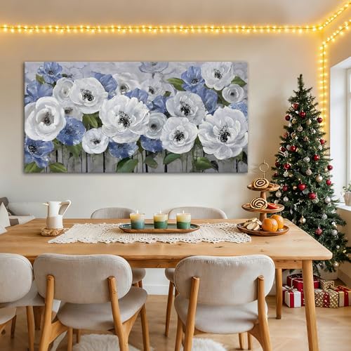 Toile murale salon moderne motif fleurs de nature et paysage bleu texturé