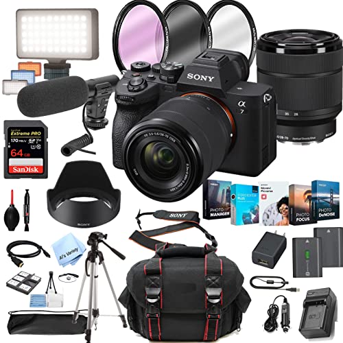 Sony a7 IV Mirrorless Digital Camera with 28-70mm Lens,+ LED Always on Light + 64GB Extreem Speed Memory, Filters, Case, Tripod + More (38PC Bundle Kit) (Renewed)