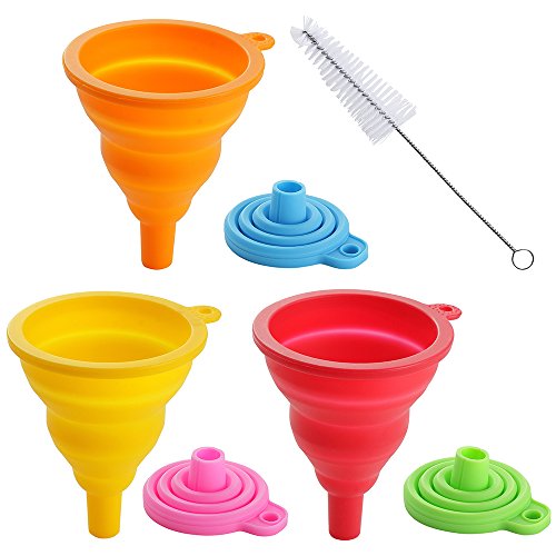 YWQ 6 Pcs Collapsible Funnel with Bottle Brush,Flexible Silicone Foldable Kitchen Funnel for Liquid/Powder Transfer,100% Food Grade Silicone Funnel