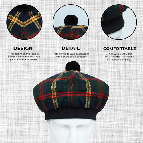 Image of Scottish Tam O' Shanter Hat Tartan Bonnet Pom Pom Wool Flat Cap One Size